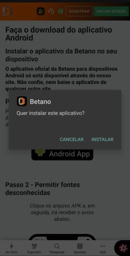instalação do app da Betano